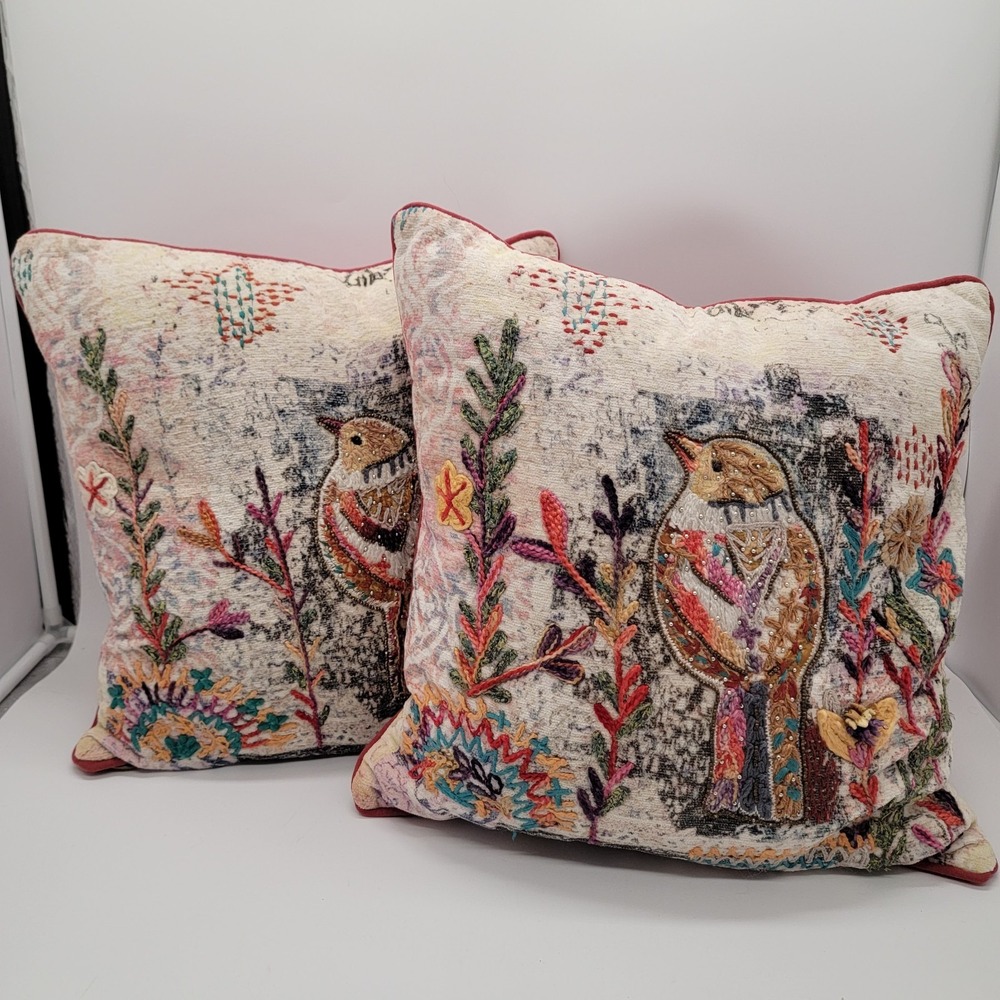 Pier 1 Imports Bird Floral 3 Bohemian Decorative Pillows Lot of 2~ 17" x 17"